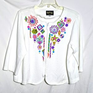 Women's Bob Mackie Wearable Art Zip Jacket, 3/4 Sleeves, Colorful, Cotton, Sz 2X